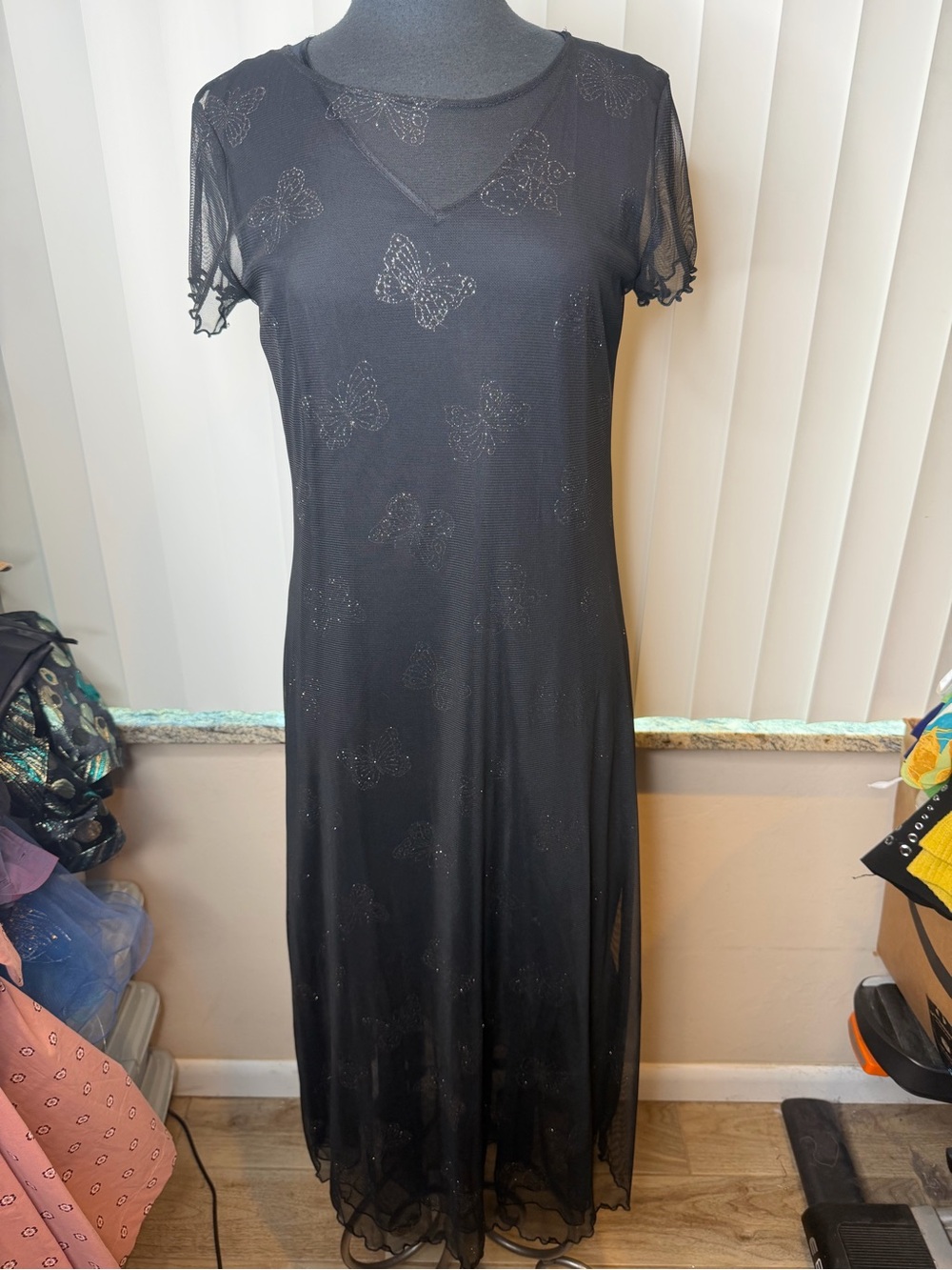 Vintage April Cornell maxi dress black sheer mesh overlay butterfly motif SZ Med